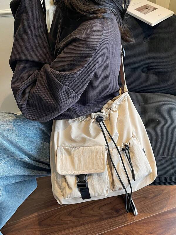Large Capacity Drawstring Bucket Bag For Women, New Casual Crossbody Shoulder Bag, Street Fashion Commuter Tote Bag, Simple Pull Rope Travel Handbag'