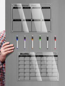 1 Set Transparent Weekly/Monthly Planner Magnetic Dry Erase Message Board With 6 Magnetic Whiteboard Markers, Acrylic Calendar Memo Reusable Refrigerator Sticker - Black - View 6