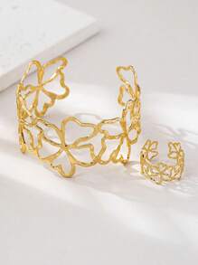 1Set Fashionable 3D Clover Hollow Geometric Pattern Bracelet And Ring Accessories