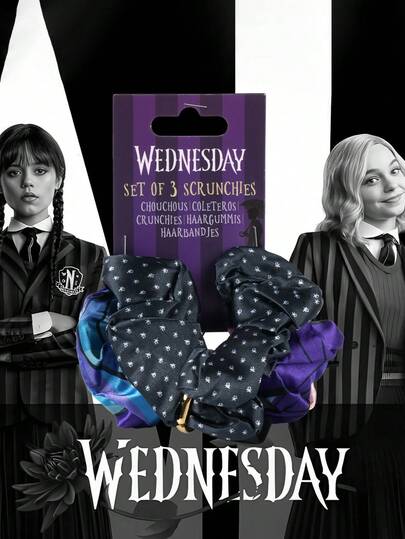  3 件 Netflix 官方授权 Wednesday Elegant Hair Scrunchies 高弹力不伤发可爱时尚发带弹性头带，适用于日常、休闲、派对、通勤、节日使用、发型设计、洗脸/沐浴、化妆、圣诞节生日派对礼物女士发饰派对装饰礼物