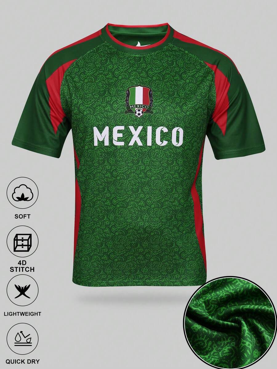 SURUIDA 1pc Mexico Soccer Jersey Short Sleeve T-Shirt, Casual Sports Style, Round Neck Short Sleeve Men's Jersey, Suitable For Fans Cheering, Ball Games, Team Matches, Training