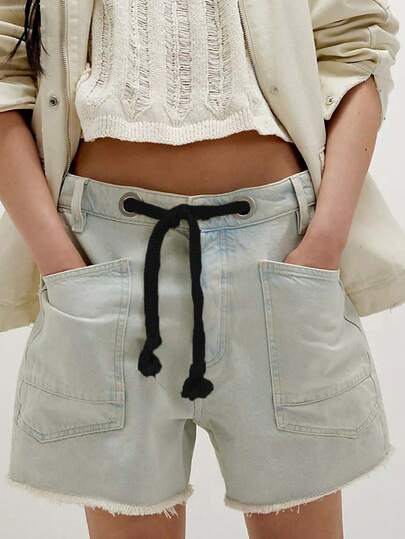 Drawstring Jean Shorts Womens Casual High Waisted Straight Leg Baggy Denim Shorts Summer Loose Fit Short Jeans Y2K