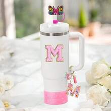 Juego de 6 piezas de accesorios para vasos de 30oz y 40oz, compatibles con tazas , incluye dijes de letras, funda de silicona, tapa y pegatina para el asa (letra S) - Letra M - Ver 2
