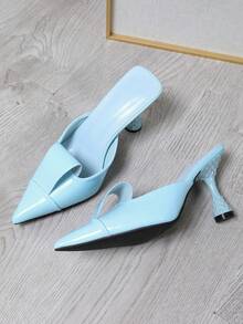 2025 春夏新款时尚尖头高跟鞋，女士蝴蝶结包头穆勒鞋 - 水藍色 - 查看 6