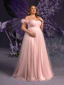 Faeriesty Dressalisa Elegant Plus Maternity Off Shoulder Stereo Flower Steap ,Split Thigh Hem Mesh Dress For Summer Spring Occasions (Wedding Guest, Formal Dinner, Garden Party, Maternity Photoshoot, Evening Event) - Dusty Pink - View 9
