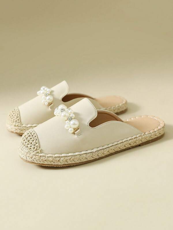 1 Pair Women's Open Toe Slip-On Flats, Bohemian Pearl Decor Fisherman Slides Casual Mules Summer Sandals