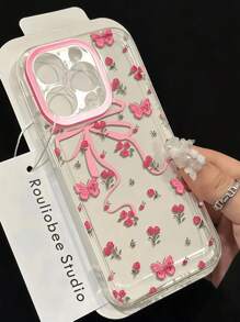 Funda protectora para teléfono con diseño de impresión floral de rosa y mariposa rosa elegante, compatible con iPhone 15/15 Pro Max/13/11/12/14/Mini y S21/S22/S23/S24/S25 Plus/Ultra