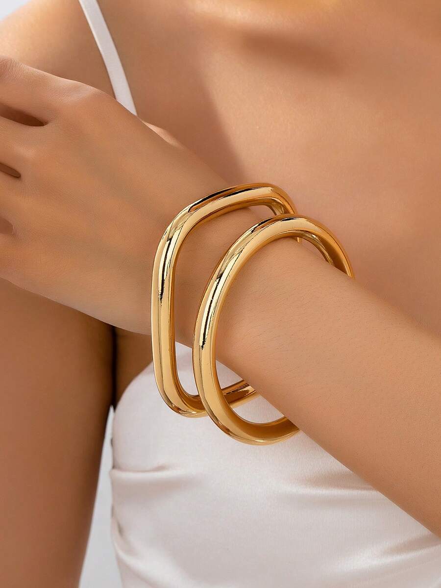 1 套（2 件）优雅复古硬币图案金属方形和圆形手镯套装，适合度假、海滩、派对和日常时尚配饰、珠宝套装