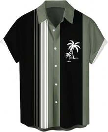 Men's Short Sleeve Button Up Hawaiian Shirt 1950s Vintage Bowling Shirts-20256688 - 夏威夷鼠尾草和黑色 - 查看 1