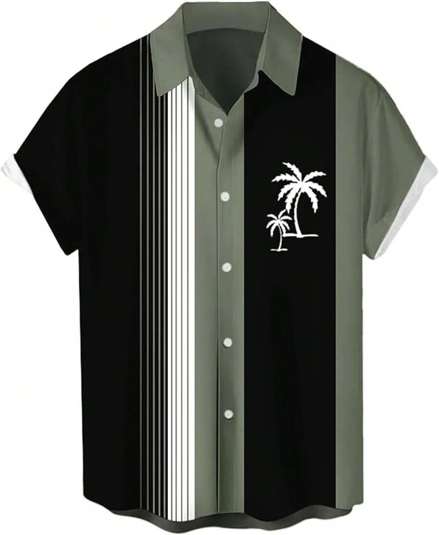 Men's Short Sleeve Button Up Hawaiian Shirt 1950s Vintage Bowling Shirts-20256688 - 夏威夷鼠尾草和黑色 - 查看 1