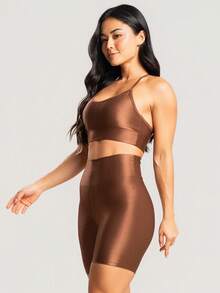 Women's Ribbed Gym Top And Shorts Fitness Set With Premium Shine - Rust Brown - View 4