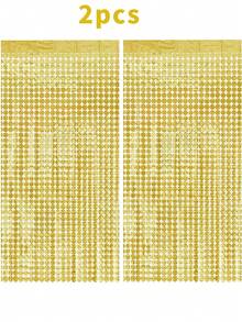 2 piezas Cortina decorativa de fondo dorada de plástico con diseño de lluvia, decoración para fiesta de cumpleaños, boda, fiesta de Año Nuevo 2025, decoración de pared para el hogar, suministros de decoración, cortina de oropel, bandera de plástico, regalos de fiesta de cumpleaños - Dorado - Ver 1