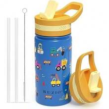 2 Pack Insulated Kids Water Bottle,  14oz Stainless Steel Water Bottles With  Straw Lid, -FREE Lead-Free Double Wall Leak Proof Drink Cups Flask For School (Blue Car +Blue Dinosaur) - Blue Car - 查看 4
