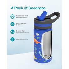 2 Pack Insulated Kids Water Bottle,  14oz Stainless Steel Water Bottles With  Straw Lid, -FREE Lead-Free Double Wall Leak Proof Drink Cups Flask For School (Blue Car +Blue Dinosaur) - 藍色恐龍樂園套裝 - 查看 5