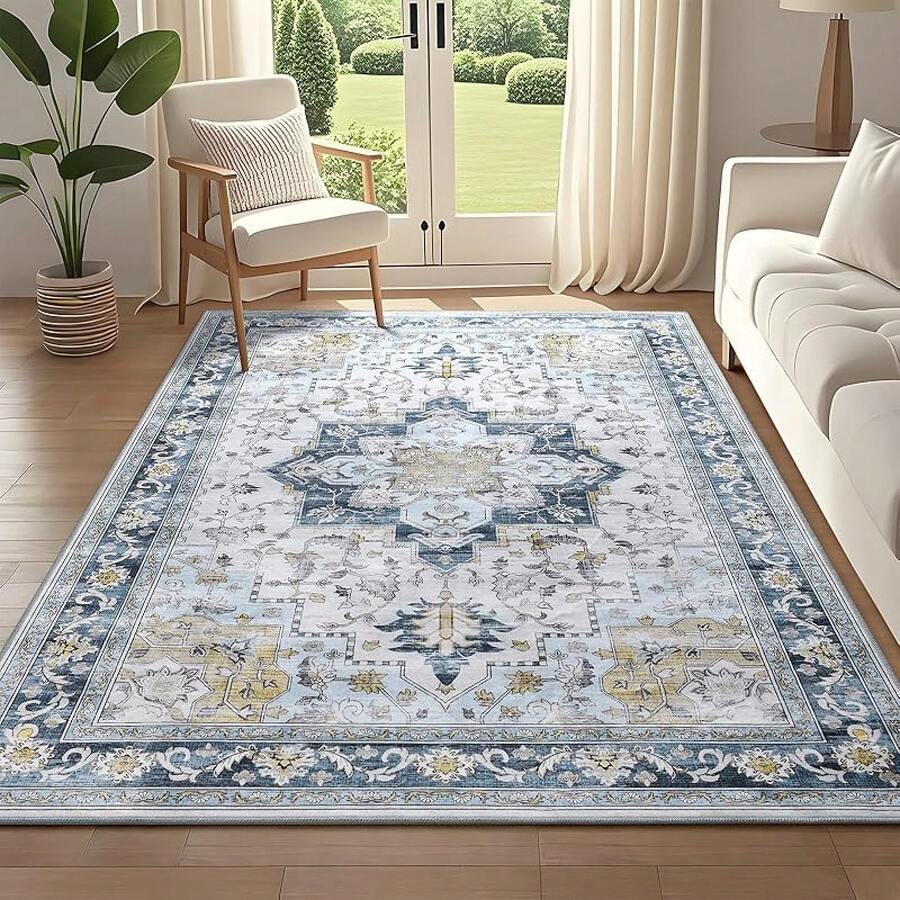 5x7 Vintage Area Rug For Living Room Bedroom, Machine Washable Non Slip Indoor Rug, Thin Throw Floral Low Pile Distressed Carpet For Office Nursery Dining Room Red/Blue, Modern Chic Design - Blue/Orange - View 1