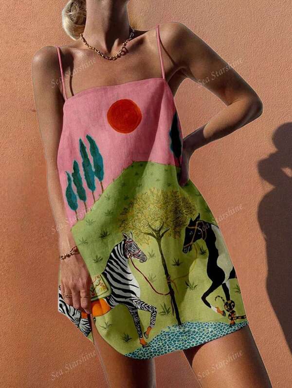Sea Starshine Summer Fashion Casual Vacation Beach Women's Zebra Grove Sun Printed Halter Short Dresses Brunch Outfits For Women