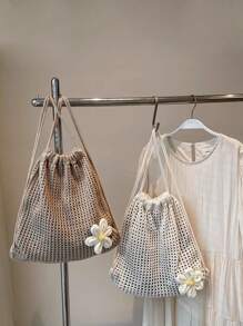 Woven Drawstring Backpack For Women, Simple & Fashion Handbag, Beige Crochet Sling Bag With Open Design, New Minimalist Hollow Knitted Drawstring Backpack, Bohemian Crochet Tote Bag - Stylish Summer Beach Shoulder Bag, Suitable For Casual Outings And Relaxation, Beach Bag For Beach And Casual Wear, Beach Essential, School Backpack