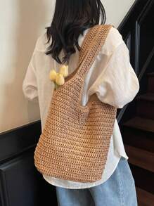 Bolso de playa trenzado de gran capacidad, bolso de mano y monedero de paja de verano, bolso bohemio de hombro para mujeres y damas, bolso de viaje