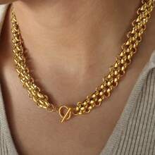 2pcs/Set Lightweight Luxury Minimalist Stainless Steel Short Necklaces - Golden Braided Chain Design, Versatile For Daily & Vacation Wear, Chunky Chain Elegant Accessory