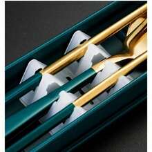 1 Pc Three Piece Set Of Rust Resistant And Drop Resistant Stainless Steel Tableware: Complete With Knives, Spoons, And Chopsticks, Suitable For Camping, Picnicking, Office Workers, And Student Parties - Green - View 3