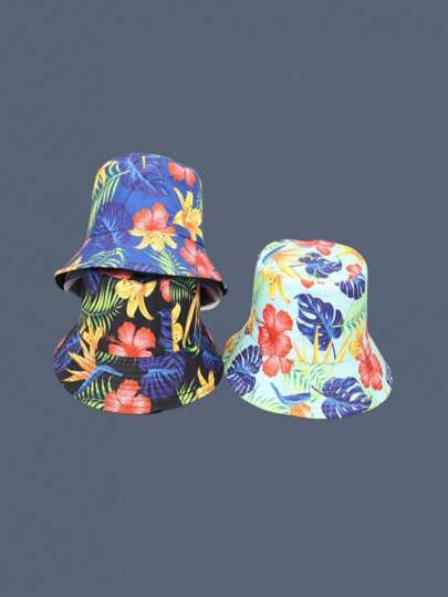 1 Stück umkehrbarer Fischerhut mit Blättern & Blumen Motiv zum Sonnenschutz, geeignet für Herren & Damen, für Lässig & Urlaub