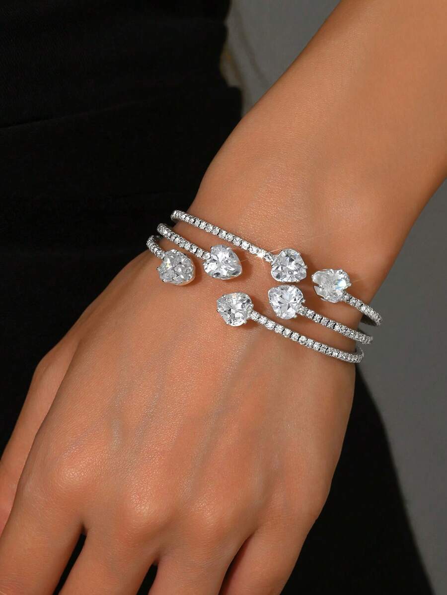 1pc Women's Elegant Gentle Rhinestone Cuff Bracelet, Suitable For Party And Formal Occasions - Silver 1052 - View 1