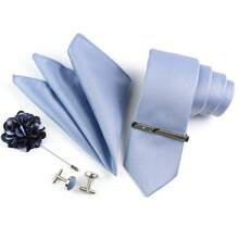 ZONFAZ 5pcs/Set Men's Business Wedding Party Tie & Handkerchief & Cufflinks & Brooch & Tie Clip Combo - Blue - View 5
