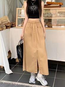 Explosiva doble bolsillos de diseño sentido medio cuerpo falda femenina verano nuevo suelto grandes yardas horquilla abierta A-line falda ins - Caqui - Ver 1