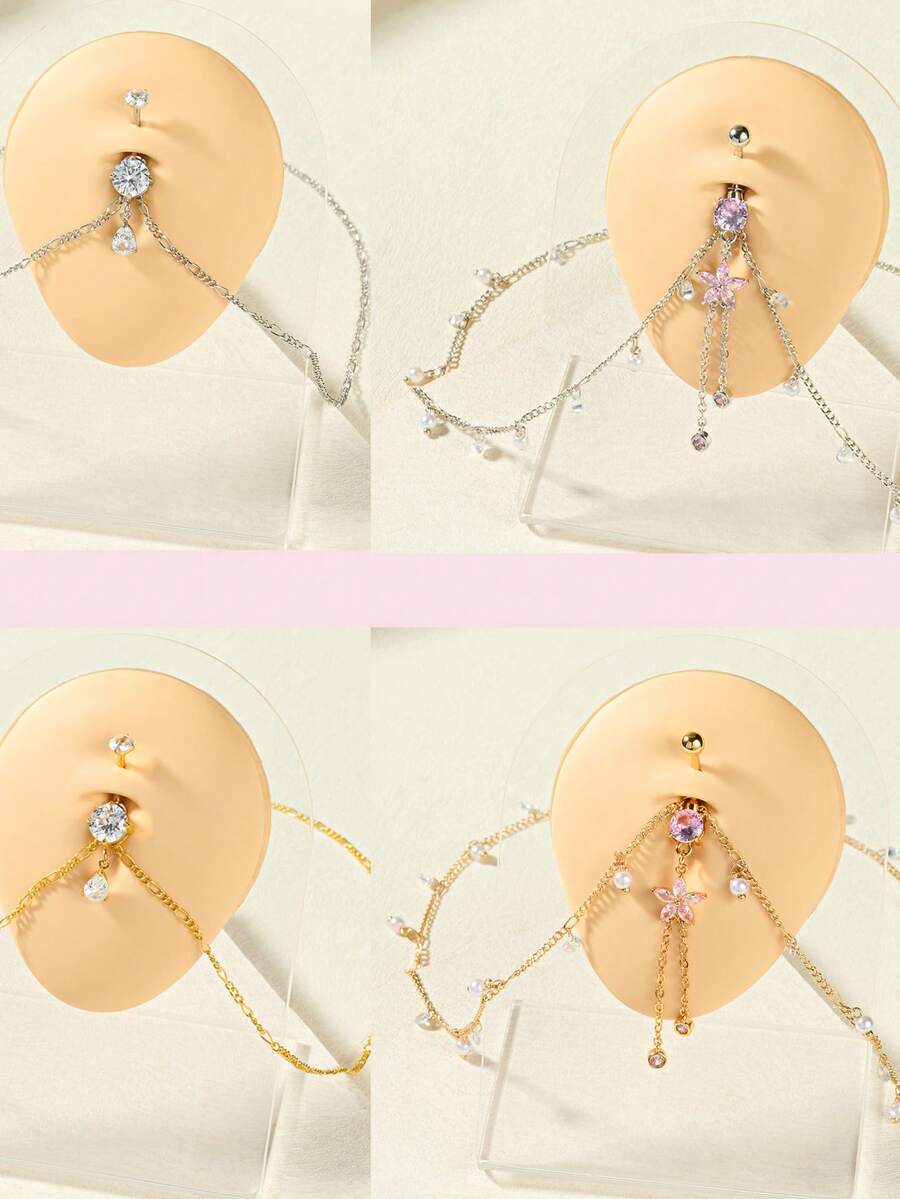 AVYRING 1 件性感水钻水晶腰链配心形吊坠夏季肚脐穿孔肚脐环比基尼节狂欢舞者身体链首饰女士 - 彩色 - 查看 1