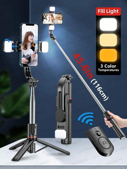 44.9 Inch Selfie Stick With Reinforced Tripod - 2 Fill Lights, Extendable & Portable Phone Tripod With Remote, Compatible With IPhone 14 Pro Max/13/12/11 Android Smartphone