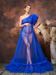 Faeriesty Dressalisa Elegant Maternity One Shoulder Ruffle Trim Sleeve Mesh Oversized Tulle Skirt Dress For Summer Spring Occasions Maternity Photoshoot - Royal Blue - View 5
