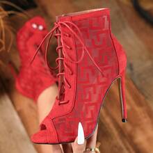 2025 秋冬性感时尚红色网眼露趾 12 厘米细高跟系带休闲百搭靴夜店靴