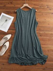 Plus Size Solid Color Long Loose Curved Hem Short Sleeve Women Dress Outfit, For Summer - Black - View 2