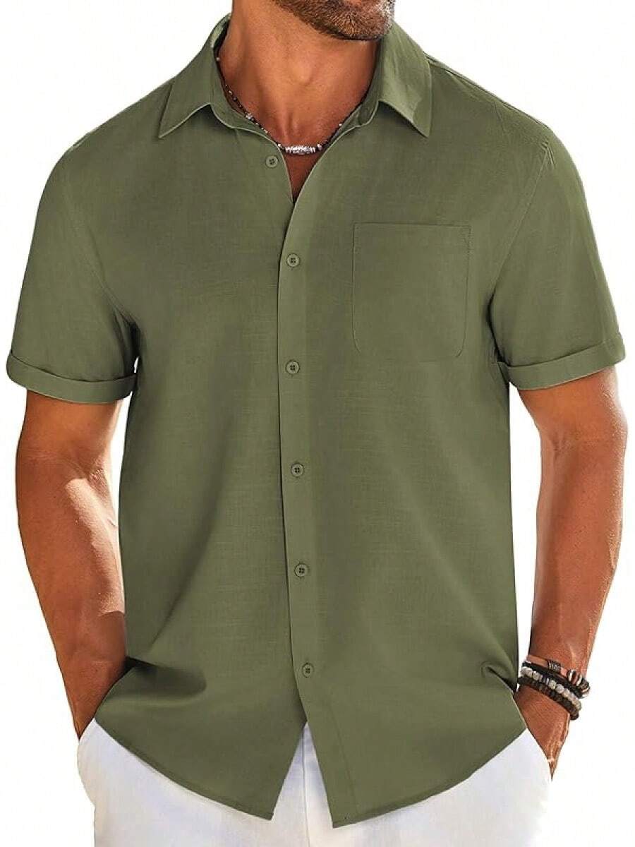Mens Casual Linen Shirt Short Sleeve Button Down Shirt Summer Beach Shirts With Pockethalloween - xanh quân đội - Xem 1