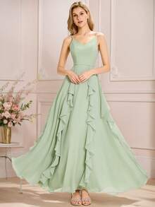 EVERPRETTY Flowy Ruffle V-Neck Sage Green Bridesmaid Dress, Suitable For Weddings, Birthdays, Formal Occasions - Mint Green - View 8