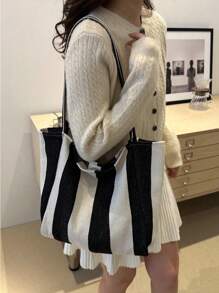 Chic Retro Striped Canvas Tote Bag, Large Capacity Spacious & Versatile, Ideal For Work, School Or Outing, School Bag, Beach Bag (Random Color Placement Of Vertical Stripes)