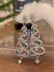 璀璨雪花耳环 - 闪闪发光的锆石圣诞饰品，独特的圣诞树设计，完美衬托节日魅力 - 彩色 - 查看 3