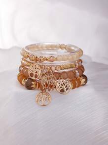 4 peças/Conjunto Boêmio Elegante Delicado Pulseira de Contas Pingente Árvore da Vida Dourada, Adequado para Decorações Diárias de Mulheres, Festas de Aniversário, Viagens
