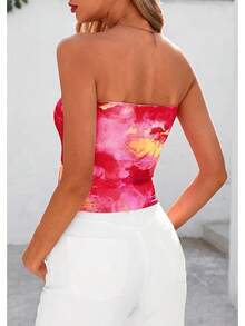 Tops tubo sin tirantes para mujeres, tops cortos con diseño floral de malla estilo Y2K para atuendos de salida en verano 2025 - Rosa Fucsia - Ver 2