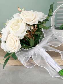 1pc Gorgeous Color Block Design Wedding Bouquet, Bride/Bridesmaid Handheld Flower, Roses With Ribbons & Lace Valentine's Day Accessories - White - View 4