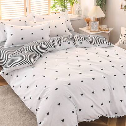 心形条纹图案床上用品4件套（1个被套，2个枕套，1张床单），田园优雅风格，亲肤舒适，适合单人/双人床，四季皆宜