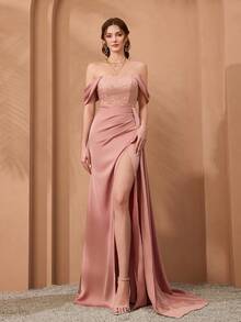 Mgiacy、新品、高领、刺绣、高端、晚礼服、飘逸两件套、高开叉、包臀、鱼尾下摆连衣裙、适合、晚宴 - 粉色 - 查看 3