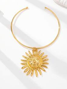 1件超大号夸张太阳脸吊坠项链，女士开口颈链，适合海滩、夏季度假佩戴 - 金色 - 查看 2