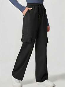 Women's Loose Straight Leg Multi-Pocket Work Pants, Elastic Waist Scrubs Nurse Scrubs Workwear For Dentist, Healthcare, Pet Hospital, Laboratory Uniform - Black - View 1