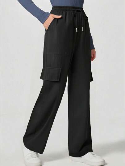 Women's Loose Straight Leg Multi-Pocket Work Pants, Elastic Waist Scrubs Nurse Scrubs Workwear For Dentist, Healthcare, Pet Hospital, Laboratory Uniform