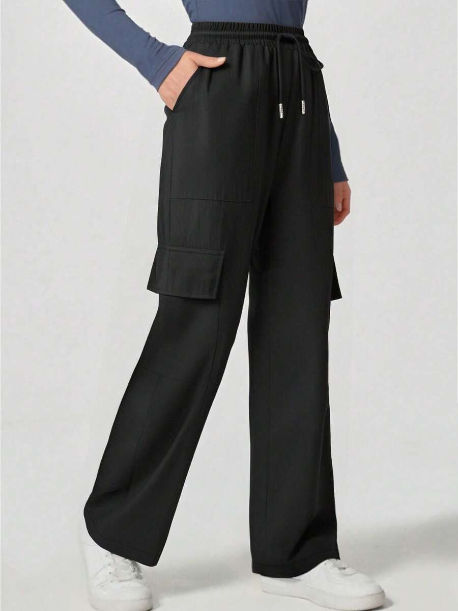 Women's Loose Straight Leg Multi-Pocket Work Pants, Elastic Waist Scrubs Nurse Scrubs Workwear For Dentist, Healthcare, Pet Hospital, Laboratory Uniform - Black - View 1