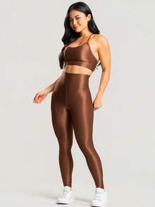 Women's Ribbed Gym Fitness Set, Top And Shiny Sports Leggings - Rust Brown - View 2