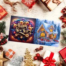 6pcs/Set New Year & Christmas Diamond Painting Greeting Cards, DIY Unique Diamond Drawing Craft Cards Set With 6 Envelopes, Quality Craft Paper Material, Handmade Postcard, Suitable For Christmas, New Year Gifts To Express Warm And Best Wishes