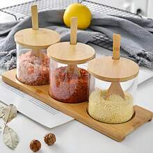 3Pcs Glass Spice Jars With Bamboo Lid, Spoon & Tray Set, Rust-Proof Kitchen Seasoning Storage Containers, Multi-Purpose Condiment Organizer For Salt Sugar Pepper Home Cafe Kitchen Use - Wood Color - View 6
