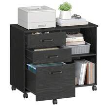 Caisson, Support d'Imprimante Bureau, avec 3 Tiroirs, Meuble de Rangement Mobile, Compartiments Ouverts, pour Format A4, Documents, Style Industriel, Noir Boisé - Noir - Voir 2